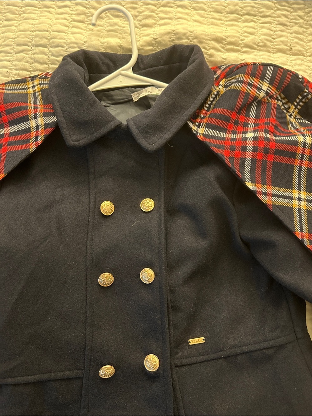 Navy Kids Peacoat with Red Plaid Lining - Classic Double-Breasted Coat